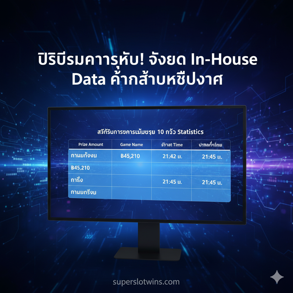 优势特点图，强调 superslotwins.com 的数据优势。核心元素是一个巨大的数据仪表盘或LED屏幕，上面实时滚动着'สถิติการแตกรางวัลใหญ่ 10 ครั้งล่าสุด'（最近10次大奖统计）的表格，显示具体的奖金金额（如฿45,210）、游戏名称和精准时间（如 21:45 น.）。背景使用区块链或数据流动的抽象线条，营造出'数据透明'、'精确分析'的科技感。配上粗体泰语标题：'พิสูจน์ความจริง! ข้อมูล In-House Data ที่น่าเชื่อถือกว่า'（证明真相！更可靠的内部数据）。