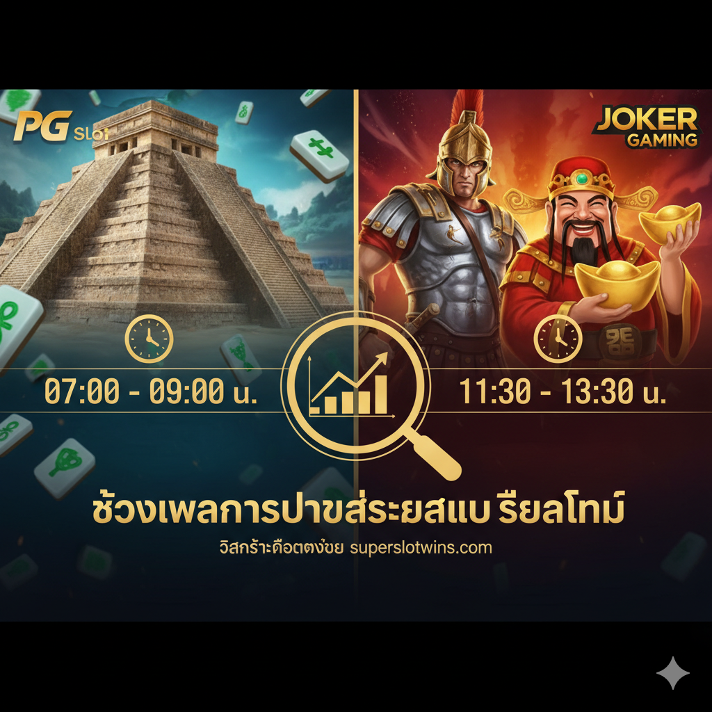 功能特性图，用于展示不同游戏供应商的Time Slot。图片应被分割成左右两部分，左侧代表PG Slot，右侧代表Joker Gaming。PG侧的背景可以采用'Treasures of Aztec'或'Mahjong Ways'的元素（如玛雅金字塔或麻将牌），并标注时间如'07:00 - 09:00 น.'และ'20:30 - 23:00 น.'。Joker侧则使用'Roma Slot'或'Supreme Caishen'的经典元素（如罗马战士或财神），标注时间如'11:30 - 13:30 น.'。中间用一个放大镜或数据分析图表突出'Real-Time Payout Window'，表明这是经过数据分析的结果。