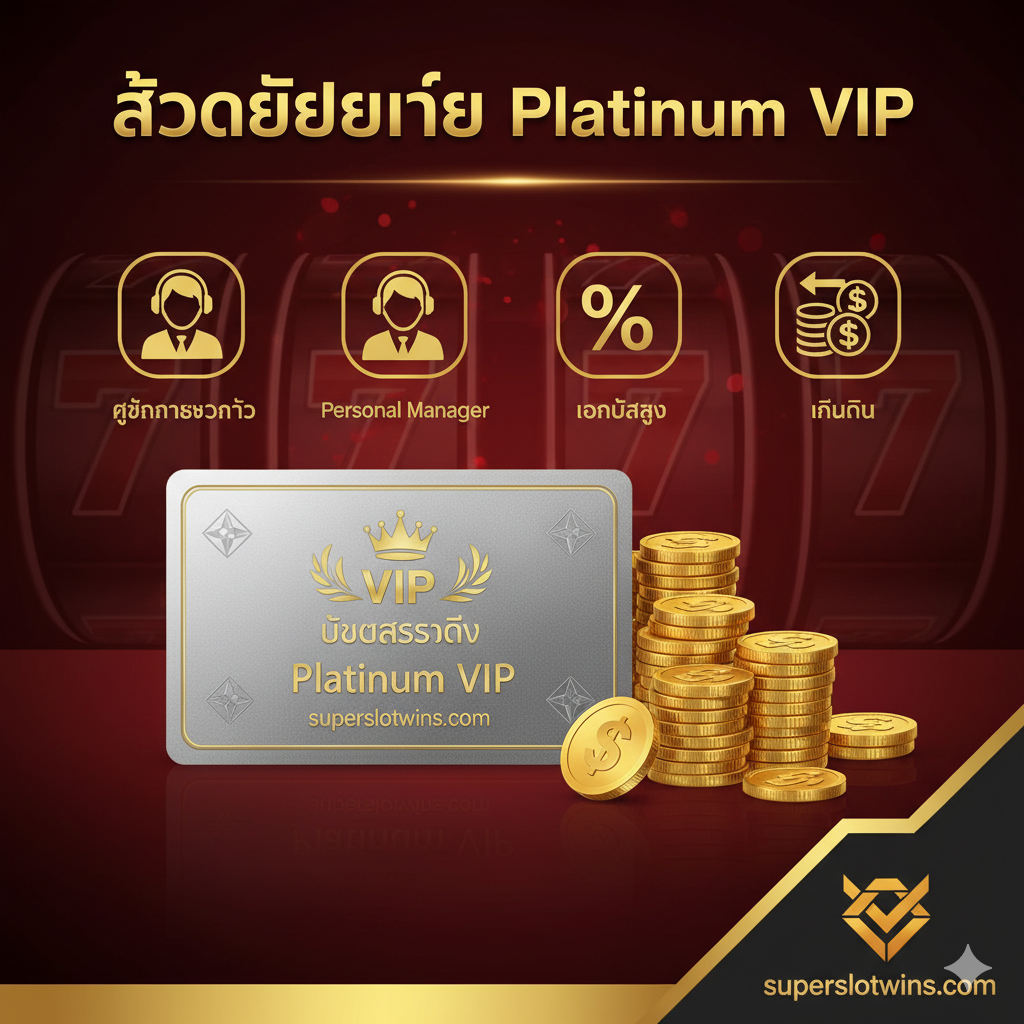 ภาพแสดงข้อได้เปรียบและสิทธิพิเศษของสมาชิก VIP (Advantage/VIP Benefits) โทนสีแดงเข้ม ทอง และดำ เพื่อสื่อถึงความพิเศษระดับ Platinum Club องค์ประกอบหลักคือบัตร VIP สีแพลตินัมที่มีโลโก้มงกุฎและสัญลักษณ์เพชร จัดวางอยู่ข้างๆ กองเหรียญทองขนาดใหญ่และไอคอนแสดงสิทธิประโยชน์ต่างๆ เช่น รูปผู้จัดการส่วนตัว (Headset icon), รูปโบนัสเปอร์เซ็นต์สูง (Percentage icon), รูปโบนัสคืนยอดเสีย (Cashback icon) เน้นความหรูหราและการบริการเหนือระดับที่ 'superslotwins.com' มอบให้