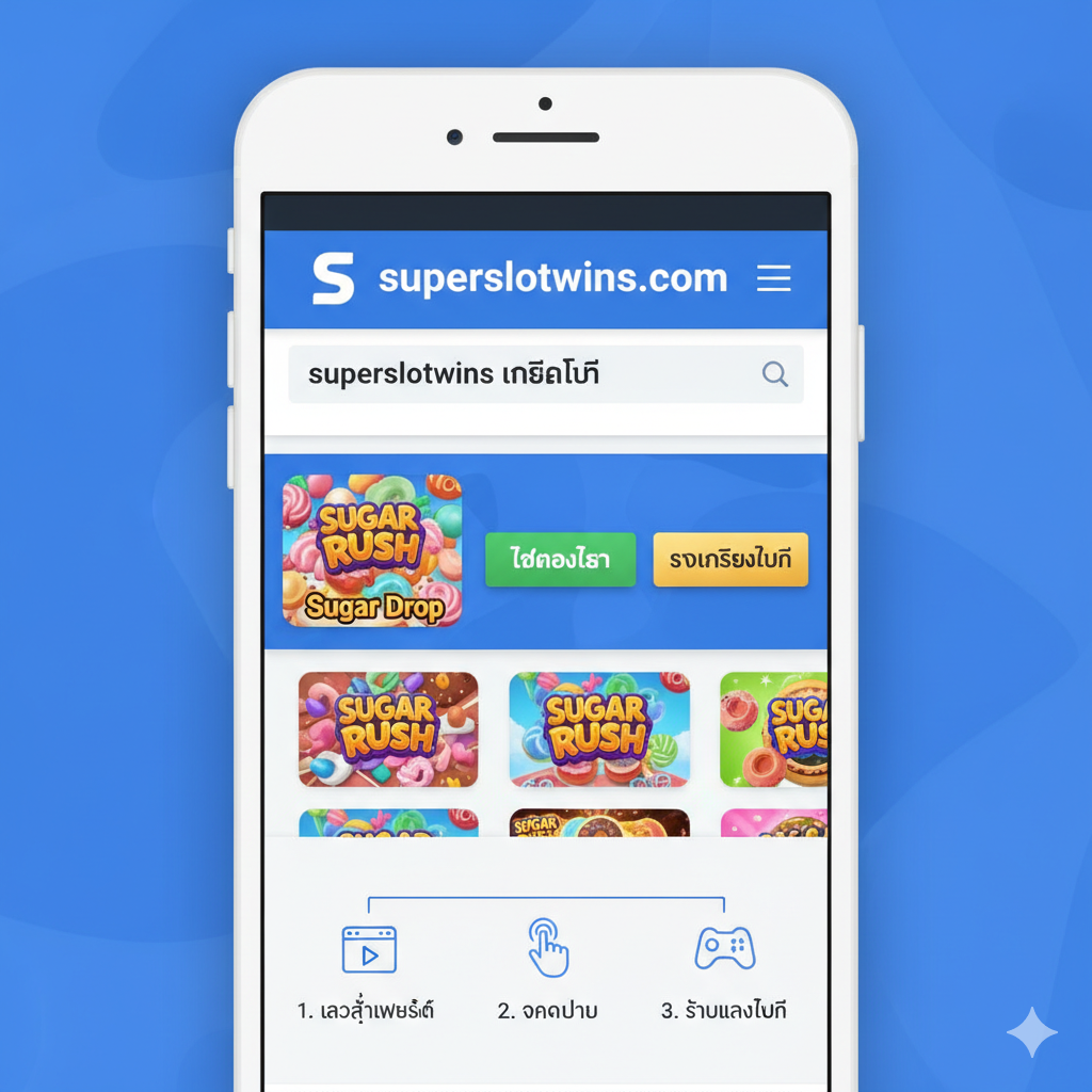 教程指导图, 展示用户如何在superslotwins.com上获得免费游戏หรือเครดิตฟรี 画面应是一个简洁的手机界面截图模拟, 显示一个游戏图标 (如Sugar Rush) 旁边有两个并排的按钮: 一个绿色的 'ทดลองเล่น' (Demo Play) 按钮和一个金色的 'รับเครดิตฟรี' (Get Free Credit) 按钮 底部有一个简短的流程图示, 用三个小图标表示: 1. เข้าสู่เว็บไซต์ (Access Site) 2. คลิกปุ่ม (Click Button) 3. เริ่มเล่นฟรี (Start Free Play) โดยรวมใช้สีสะอาดตาและเป็นมิตรกับผู้ใช้