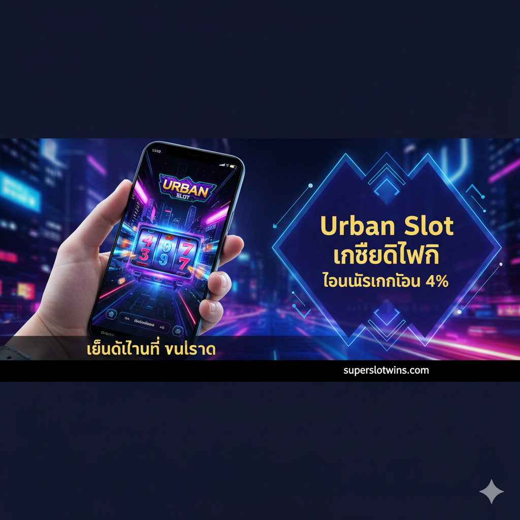 优势特点图片。一个分屏构图。左侧，一只手握着一部时尚的智能手机，屏幕上正显示着“Urban 4D Slot”游戏的运行画面，突出其完美的移动兼容性（“Mobile-First”）。手机上的游戏画面充满活力且流畅。右侧是一个图形元素，宣传“Urban Slot เครดิตฟรี”（Urban Slot 免费积分）และ“โบนัสเงินคืน 4%”（4% 现金返还）优惠。背景融合了都市霓虹主题和简洁专业的设计，强调速度、可访问性和高价值。