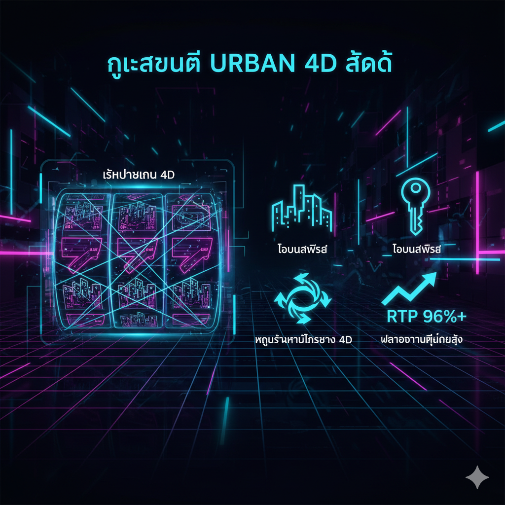功能特性图片。采用信息图表(Infographic)风格。左侧展示一个发光的全息สล็อต转轴,上面有复杂交错的支付线,标记为“4D支付线”。右侧展示三个时尚图标:一个代表“โบนัสพิเศษ”(特殊奖金)的城市剪影钥匙,一个代表“4D多向重转”的动态箭头,以及一个显示“RTP 96%+”的上升图表。背景是深色的高科技网格图案,点缀ด้วย青色และ洋红色的霓อง灯光。