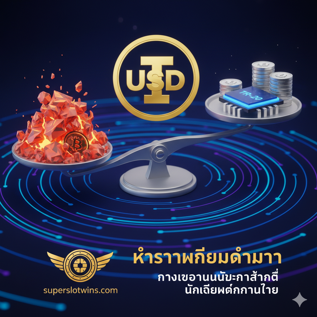 总结和强调Altcoins(特别是USDT TRC-20)优势的图片。主体元素是USDT的标志(Tether),放置在一个标有“TRC-20”的低价标签上,或者一个电子天平上,一边是昂贵的BTC Gas Fee,另一边是便宜的USDT TRC-20。背景是Tron区块链的快速流线。画面下方可以有Superslotwins的标志,旁边文字强调“ค่าธรรมเนียมต่ำมาก”和“ทางเลือกอันดับหนึ่งสำหรับนักเดิมพันชาวไทย”来作为文章的有力结论。