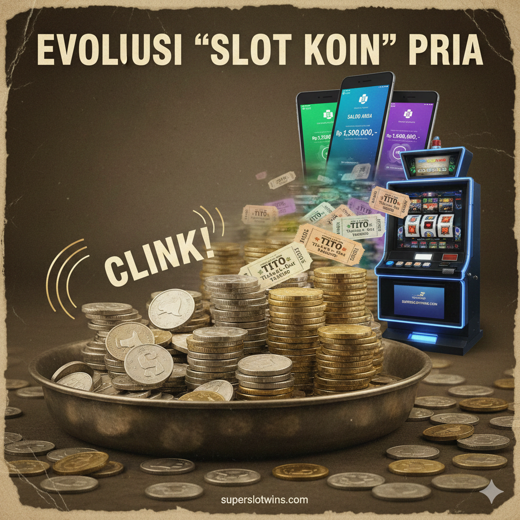 Visual yang jelas mendemonstrasikan fungsi 'Coin Slot' klasik. Fokus pada tangan seseorang yang memasukkan koin (mungkin koin nikel atau token kasino) ke dalam celah mesin slot fisik yang terbuat dari logam antik. Tampilkan mekanisme sensor koin sederhana di balik celah, mungkin dalam bentuk skema X-ray yang tembus pandang (gaya blueprint), yang menyoroti bagaimana koin memicu aktivasi gulungan. Latar belakang harus bergaya lantai kasino yang remang-remang dan fokusnya harus tajam pada lubang koin tersebut, menekankan peran lubang sebagai 'gerbang' aktivasi taruhan.