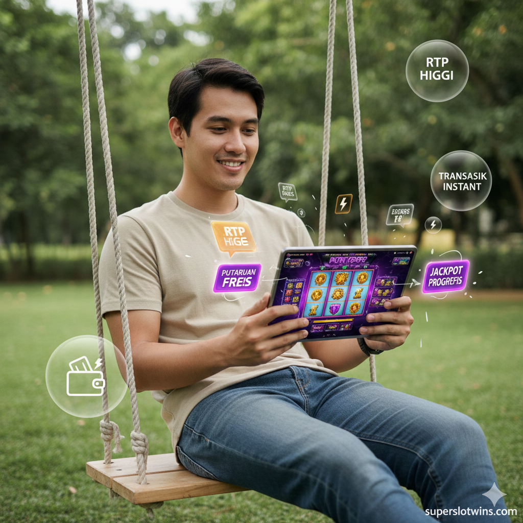 Visual yang menyoroti keunggulan slot online modern. Tampilkan seorang pemain yang sedang bersantai dengan nyaman (mungkin di sofa atau di alam terbuka) sambil fokus bermain slot di perangkat seluler (smartphone atau tablet). Layar perangkat harus menampilkan antarmuka game slot online yang menarik dan beresolusi tinggi (mencerminkan penawaran superslotwins.com), dengan simbol-simbol free spins, wilds, dan jackpot progresif yang melayang di sekitarnya. Teks atau ikon visual di latar belakang harus menyoroti poin-poin seperti 'RTP Tinggi' dan 'Transaksi Instan', menekankan kenyamanan dan keuntungan bermain tanpa koin fisik.