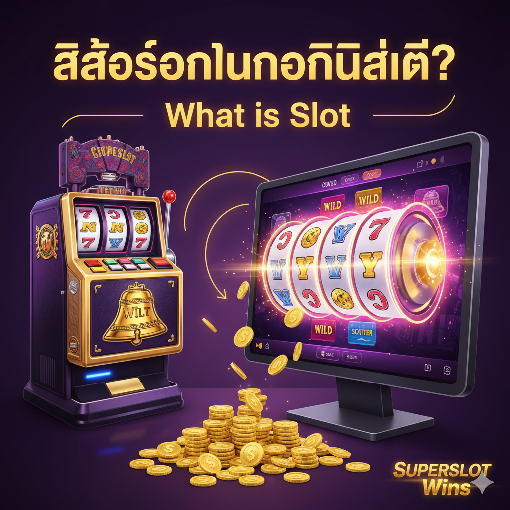ภาพหน้าปกของบทความเกี่ยวกับ 'สล็อตออนไลน์คืออะไร' (What is Slot) ในสไตล์โมเดิร์นคาสิโนที่มีชีวิตชีวาและดึงดูดสายตา โทนสีหลักควรเป็นสีทอง สีม่วงเข้ม และสีนีออน ภาพควรมีตู้สล็อตแมชชีนคลาสสิก (Liberty Bell) และหน้าจอวิดีโอสล็อตออนไลน์ที่แสดงสัญลักษณ์ Wild และ Scatter สลับกัน วงล้อกำลังหมุนและมีแสงสว่างพุ่งออกมา มีเหรียญทองกำลังโปรยปรายลงมาด้านหน้า เน้นคำว่า 'สล็อตออนไลน์คืออะไร?' (What is Slot) ด้วยฟอนต์ขนาดใหญ่ สื่อถึงการเชื่อมต่อจากอดีตสู่ปัจจุบัน และมีโลโก้ Superslot Wins แบบโปร่งแสงอยู่ในมุมใดมุมหนึ่งเพื่อเสริมความน่าเชื่อถือ