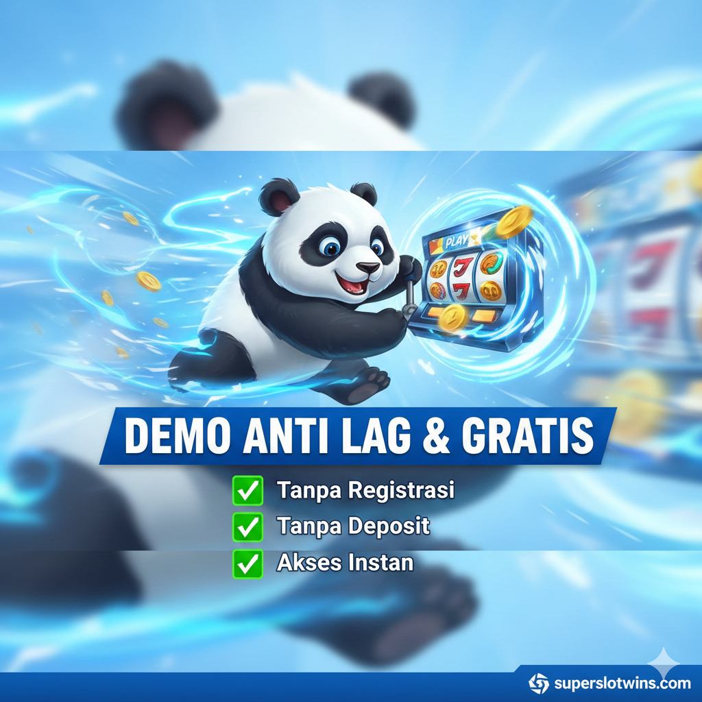 Gambar yang menonjolkan keuntungan utama bermain demo di superslotwins.com: Anti Lag dan Gratis. Tampilkan elemen visual yang mengalir dan cepat, seperti kilatan energi di sekitar ikon Panda. Di tengah, fokuskan pada tulisan 'DEMO ANTI LAG & GRATIS'. Tambahkan simbol ceklis besar yang memverifikasi 'Tanpa Registrasi', 'Tanpa Deposit', dan 'Akses Instan'. Skema warna harus cerah dan meyakinkan (birau, putih, dan sedikit hijau), menekankan kenyamanan dan kecepatan bermain.