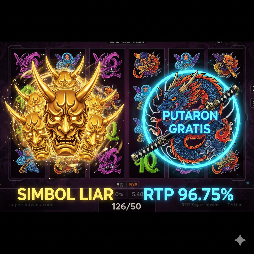 Visual yang berfokus pada fitur utama game: Simbol Wild dan Scatter. Komposisi harus membagi gambar menjadi dua bagian yang jelas. Sisi kiri menampilkan close-up detail dari 'Simbol Wild' yang bertumpuk dengan efek kilauan emas, dan sisi kanan menampilkan 'Simbol Scatter' (mungkin berupa tato naga atau katana) yang dikelilingi oleh indikator 'Free Spin' atau 'RTP 96.75%'. Gunakan latar belakang antarmuka game (in-game screenshot yang jernih) dengan penekanan pada gulungan yang berputar. Skema warna hijau neon atau biru terang bisa digunakan untuk menyorot angka RTP, kontras dengan tema Yakuza yang gelap.